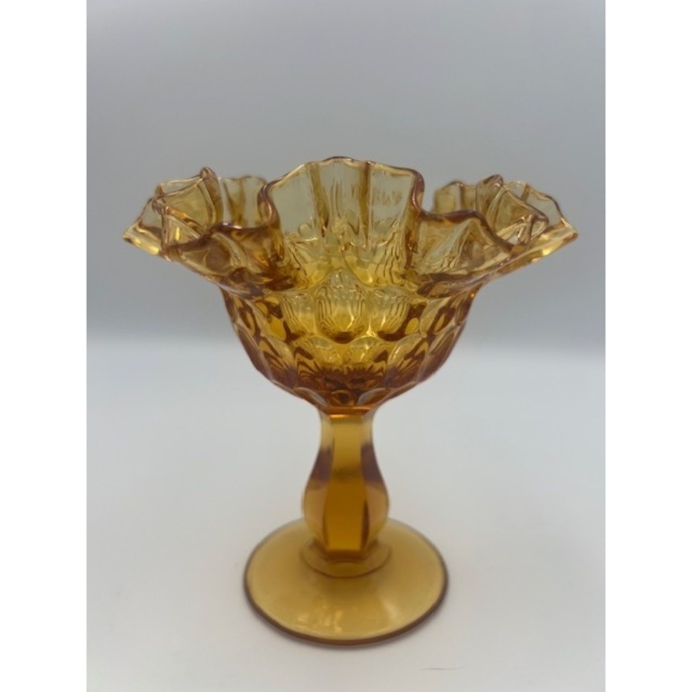 Vintage Fenton Glass Colonial Amber Thumbprint Ruffled Pedestal Compote Dish 6in